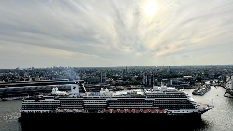 Holland America Line cruise ship viewed from A'DAM Tower observation deck in Amsterdam