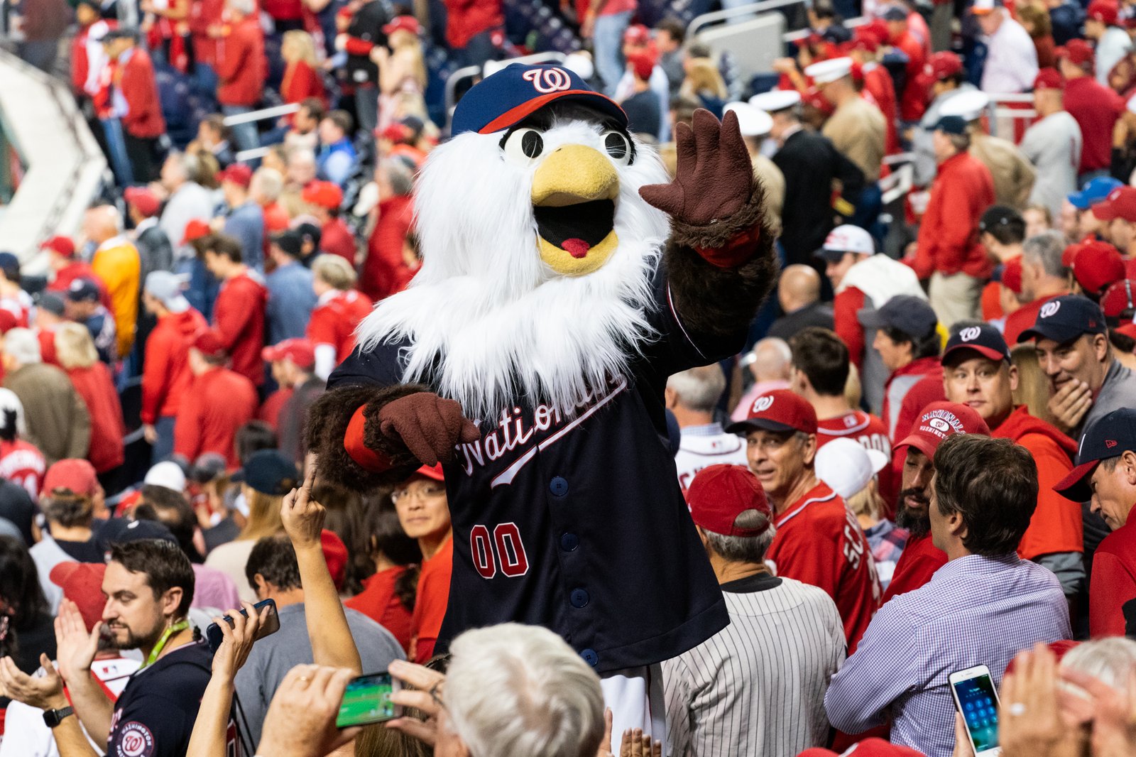 The Washington Nationals mascot cheers during Game 5 of the 2019 World Series at Nationals Park.